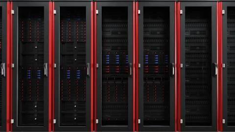 Inside the long server database room corridor Stock Photos