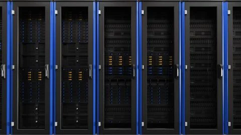 Inside the long server database room corridor 스톡 사진