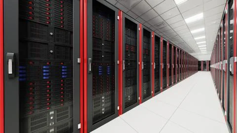 Inside the long server database room corridor Foto stock