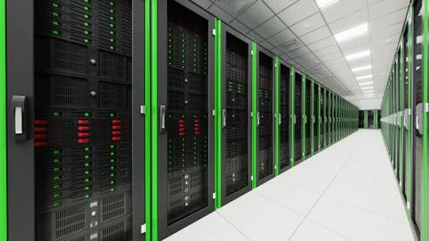 Inside the long server database room corridor Stock Photos