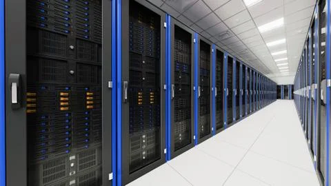 Inside the long server database room corridor 스톡 사진