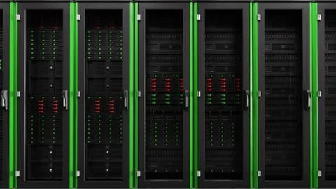 Inside the long server database room corridor Stock Photos