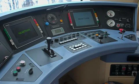 Inside look at modern train driver cabin Stock Photos