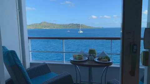 Inside a luxurious cruise ship from a deluxe balcony suite Stock Footage