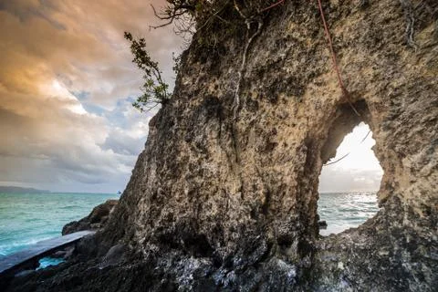 Inside of mainsail cave and view azure sea Stock Photos