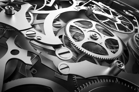 Inside mechanism, clockwork with working gears. Stock Illustration