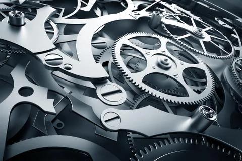 Inside mechanism, clockwork with working gears. Stock Illustration