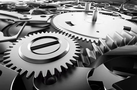 Inside mechanism, clockwork with working gears. Stock Illustration
