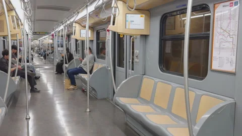 Inside metro carriage moving through tunnel on Milan M3 line Stock Footage 335382359