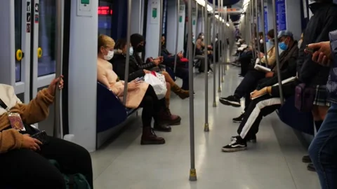 Inside Metro Madrid Train People with Masks Covid 19 Pandemic 2 Oct 2020 Stock Footage 140533215