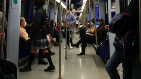 Inside Metro Madrid Train People with Masks Covid 19 Pandemic 5 Oct 2020 Stock Footage 140533220