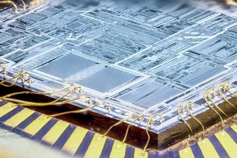 Inside of a microchip. Microcontroller silicon crystal. Macro Stock Photos