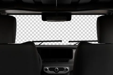 Inside a modern car, looking forward from the back. Dark front seats Stock Photos