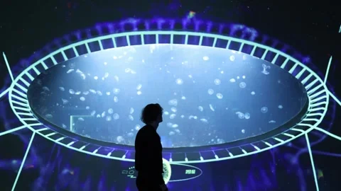 Inside a modern submarine designed for tourists, a man stands before a large, ov Stock Footage 291848036