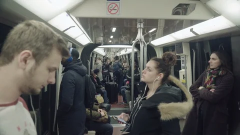 Inside A Modern Subway Moving Car In Paris Video stock 107700440