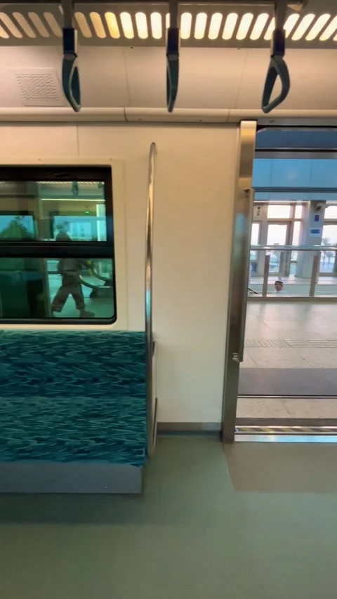 Inside the monorail carriage, soft sofas. Monorail Palm Jumeirah 스톡 동영상 254467047