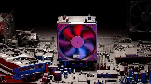 Inside a motherboards with CPU and GPU and heatsink. Stock Photos