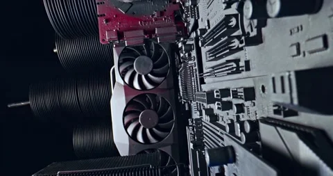 Inside a motherboards with large cooling radiator and fans. Stock Footage 337072251