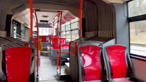 Inside Moving Empty Public Transport. View Of The Rear Part Of The Vehicle. Stock Footage 264265690