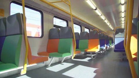 Inside a moving empty subway train 4K Stock Footage 156846537
