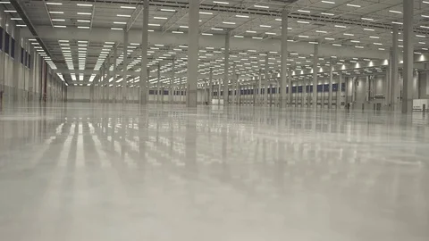 Inside new warehouse, interior smooth shot Stock Footage
