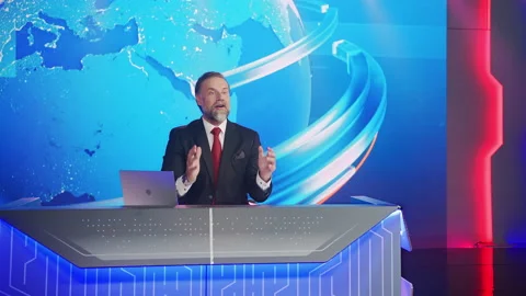 Inside News Studio Newscaster Presenting Behindthe Scene Stock Footage 139060448