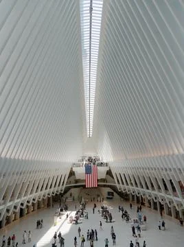 Inside the Oculus with American flag at the center Stock Photos