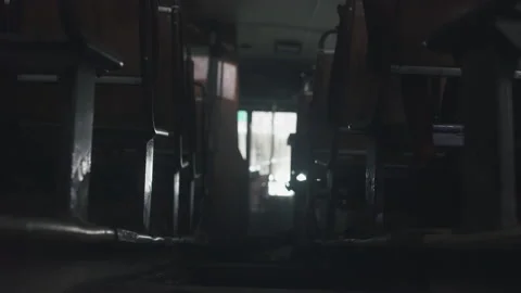 Inside Old Abandoned Bus Seats Rows Video stock 158059672