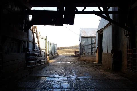 Inside old barn corral border Stock Photos