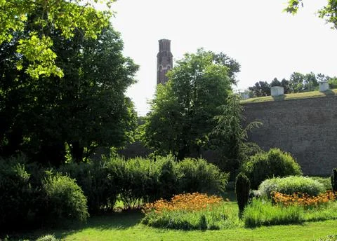 Inside of old castle stone brick. Green grass park in the Kalemegdan fortress Stock Photos