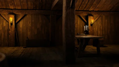 The inside of the old tavern is lit with torches. Stock Footage 264072041