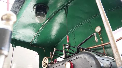 Inside old vintage steam train driver control 4k Video stock 78553323