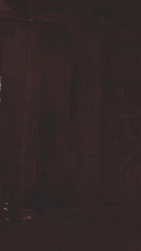 Inside an old wooden barn at dusk with some light peeking through the slats Stock Footage 332209583