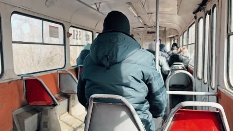 Inside old worn out tram carriage symbolizing poverty Stock Footage 340030450