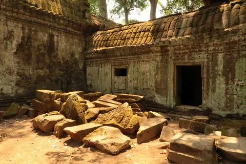 Inside one of the courtyards of the Ta Prohm Temple, the walls are covered wi Foto stock