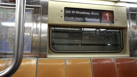 Inside one Subway train in NYC. Riding Subway to South Ferry in Manhattan Stock Footage 199741122
