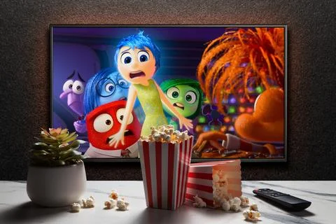 Inside Out 2 trailer or movie on TV screen. TV with remote control, popcorn Stock Photos