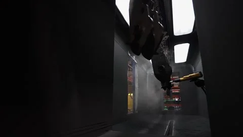 Inside paint booth, black ionized powder is sprayed onto steel parts 스톡 동영상 306954013