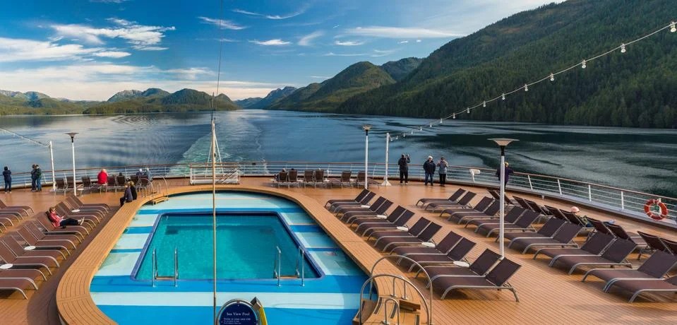 Inside Passage, Canada - September 13, 2018: Cruise ship passengers on deck. Stock Photos