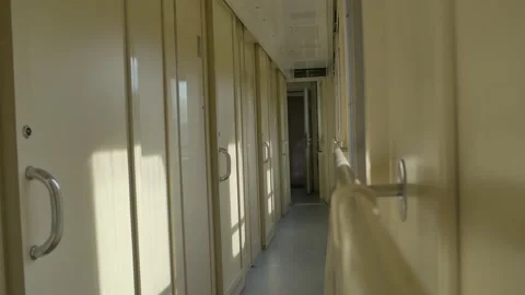 Inside passenger train carriage hallway Stock Footage 166577096