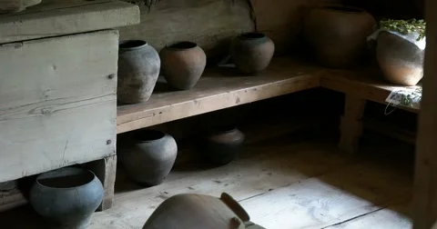 Inside a peasant hut. Clay pots. Peasant life. Kostroma Stock Footage 64592630