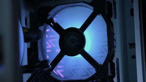 Inside the personal computer, cooling unit with the fan of the stylish modern PC Stock Footage 267719342