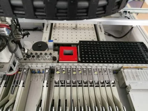 Inside pick and place electronic assembly machine Stock Photos
