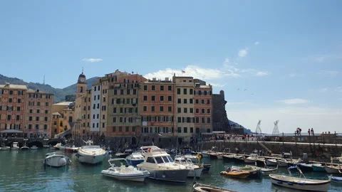 Inside the Port of Camogli, view of the colored houses. Ligurian Riviera, Italy. Stock Footage 244033678