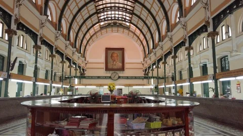 Inside Post Office (Buu Dien), Saigon Interior of historic colonial building Stock Footage 115069357