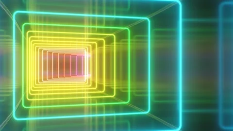 Inside Rainbow Glowing Neon Square Reflective Curved Tunnel Corridor Stock Footage 255807964