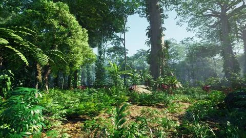 Inside a rainforest covered in bright green moss Stock Illustration