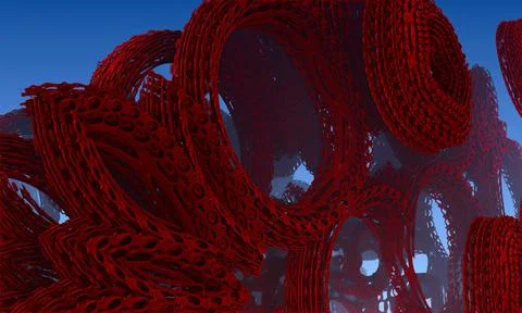 Inside a red fractal flower pattern isolated on blue. 3d rendering. Stock Illustration