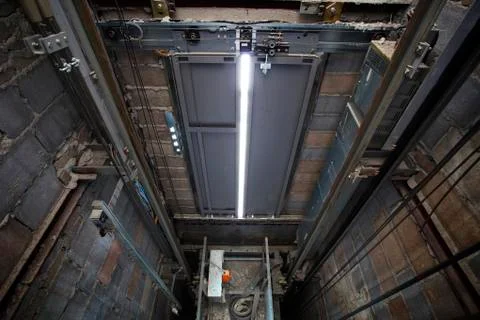 Inside of roping elevator, lift box builting in high building show strong str Stock Photos