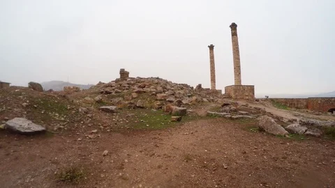 Inside Ruins of Urfa Castle Two Columns Snow and Rain Stock Footage 75409910